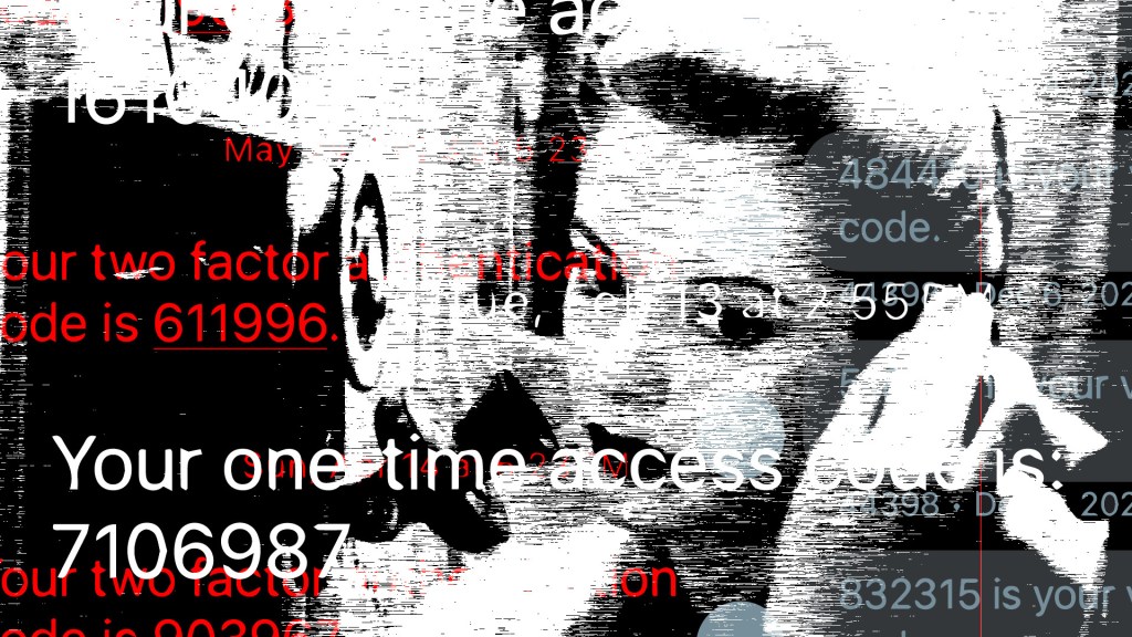 a noir-style graphic of a photo of a woman holding a phone receiver to her ear, with scattered six-digit two-factor codes scattered around the image