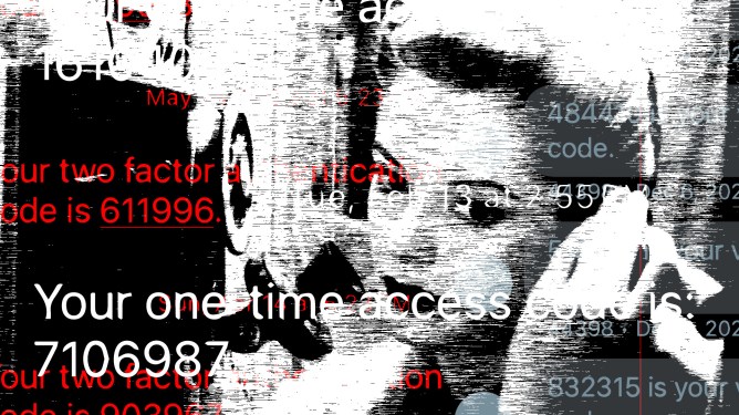 a noir-style graphic of a photo of a woman holding a phone receiver to her ear, with scattered six-digit two-factor codes scattered around the image