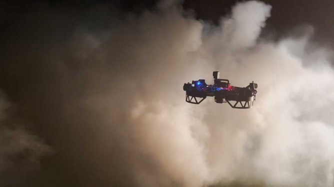 CMU drone flying above wildfire