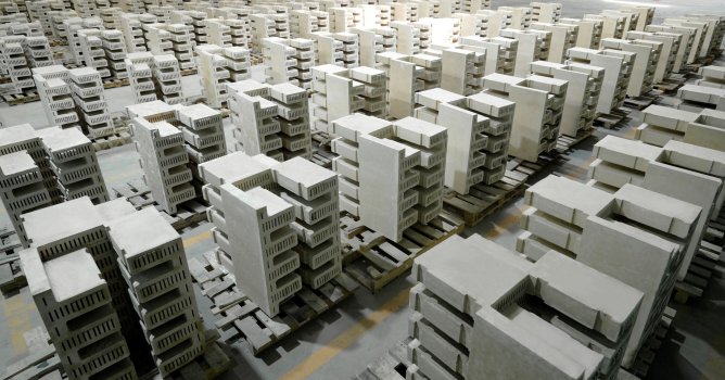Rondo battery bricks stacked in a warehouse.