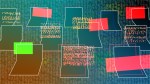 a series of illustrated colorful laptops featuring red, glitchy and matrix-like text symbolizing malware