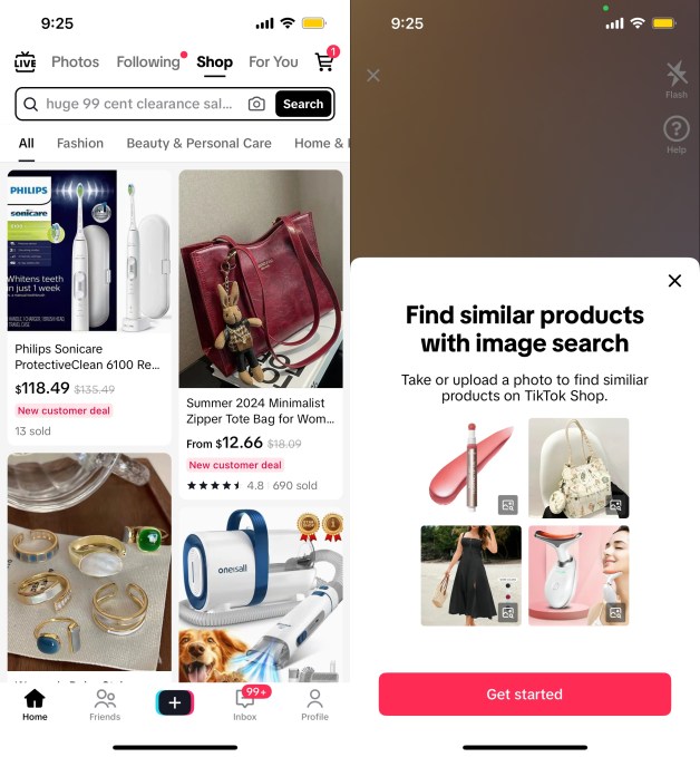 Two images of TikTok's new image search capabilities in TikTok Shop