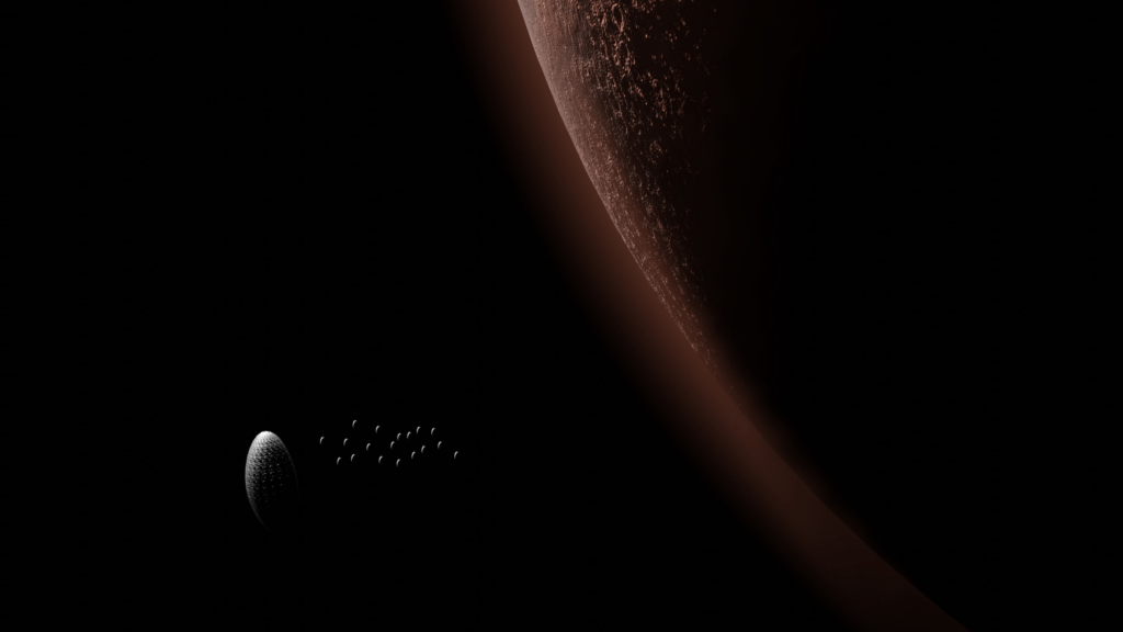 render of Rosotics R2 dispersing smaller autonomous spacecraft