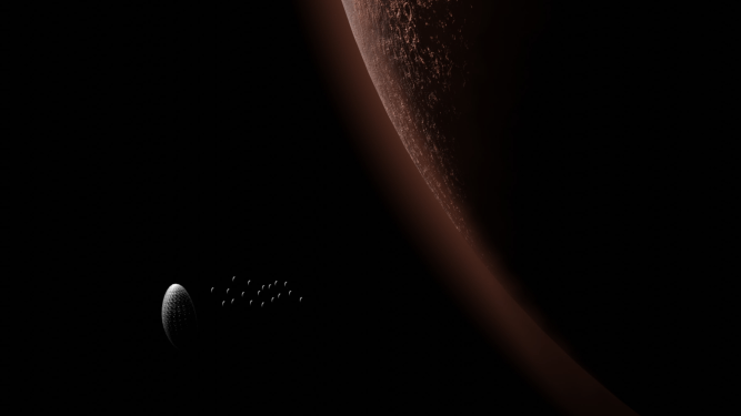 render of Rosotics R2 dispersing smaller autonomous spacecraft