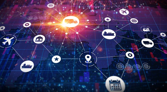 Supply chain management concept showing the connections between various order and transport components.