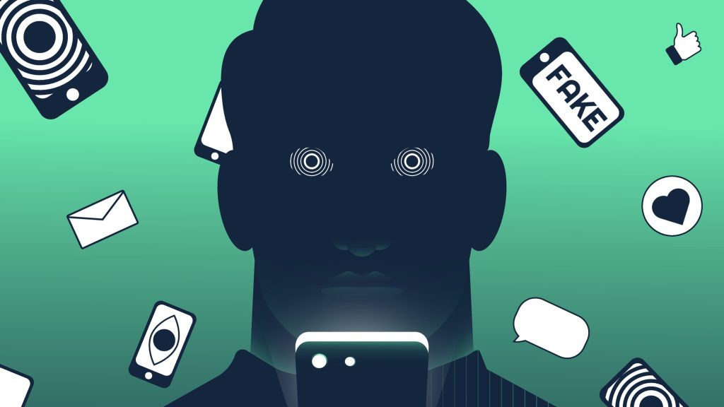 Concept illustration depicting online content, fear, addiction.