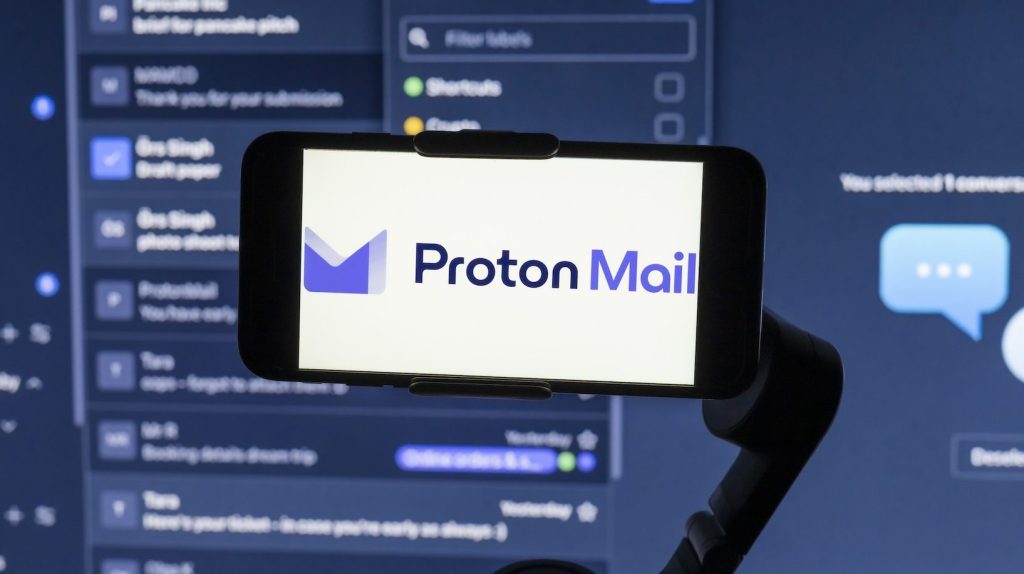 ProtonMail logo displayed on a mobile phone screen