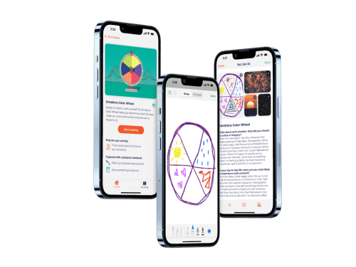 Scribble Journey app displayed on 3 smartphone screens