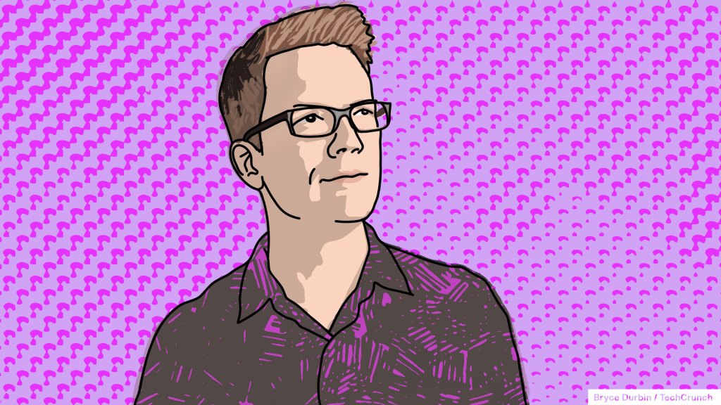 An illustration of Hank Green atop a pink patterned background