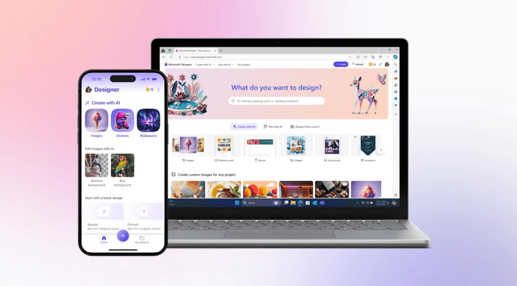 Microsoft Designer displayed on laptop and mobile screens