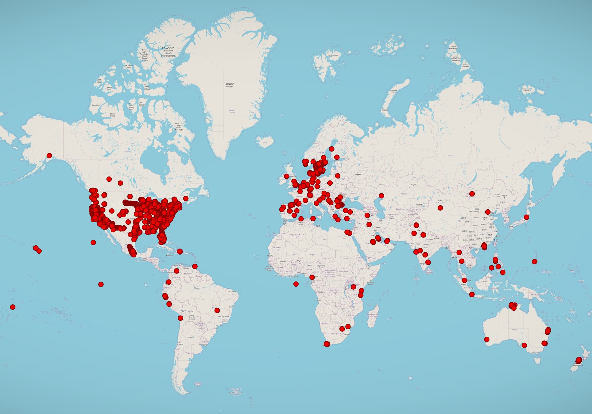 A world map showing hundreds of Android devices compromised by Spytech's spyware plotted on a world map, with large clusters in the U.S. and across Europe, and scattered dots throughout the rest of the world.
