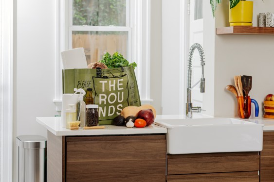 The Rounds' bag of groceries on kitchen counter