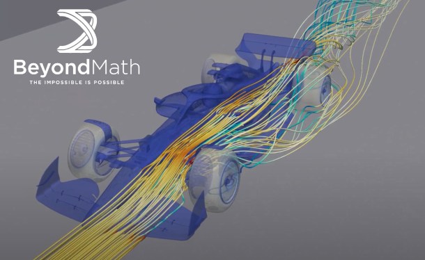 BeyondMath logo and F1 wind tunnel render