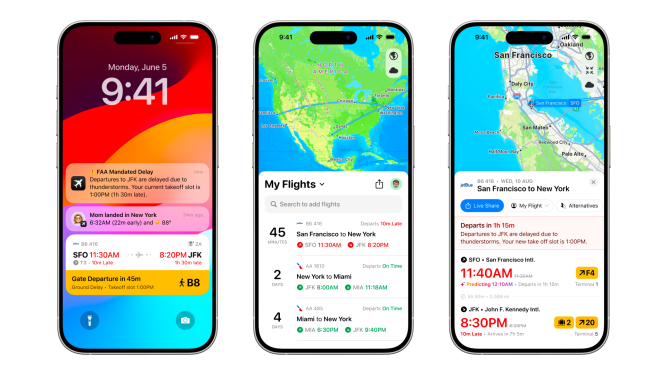 Flighty app displayed on 3 smartphone screens