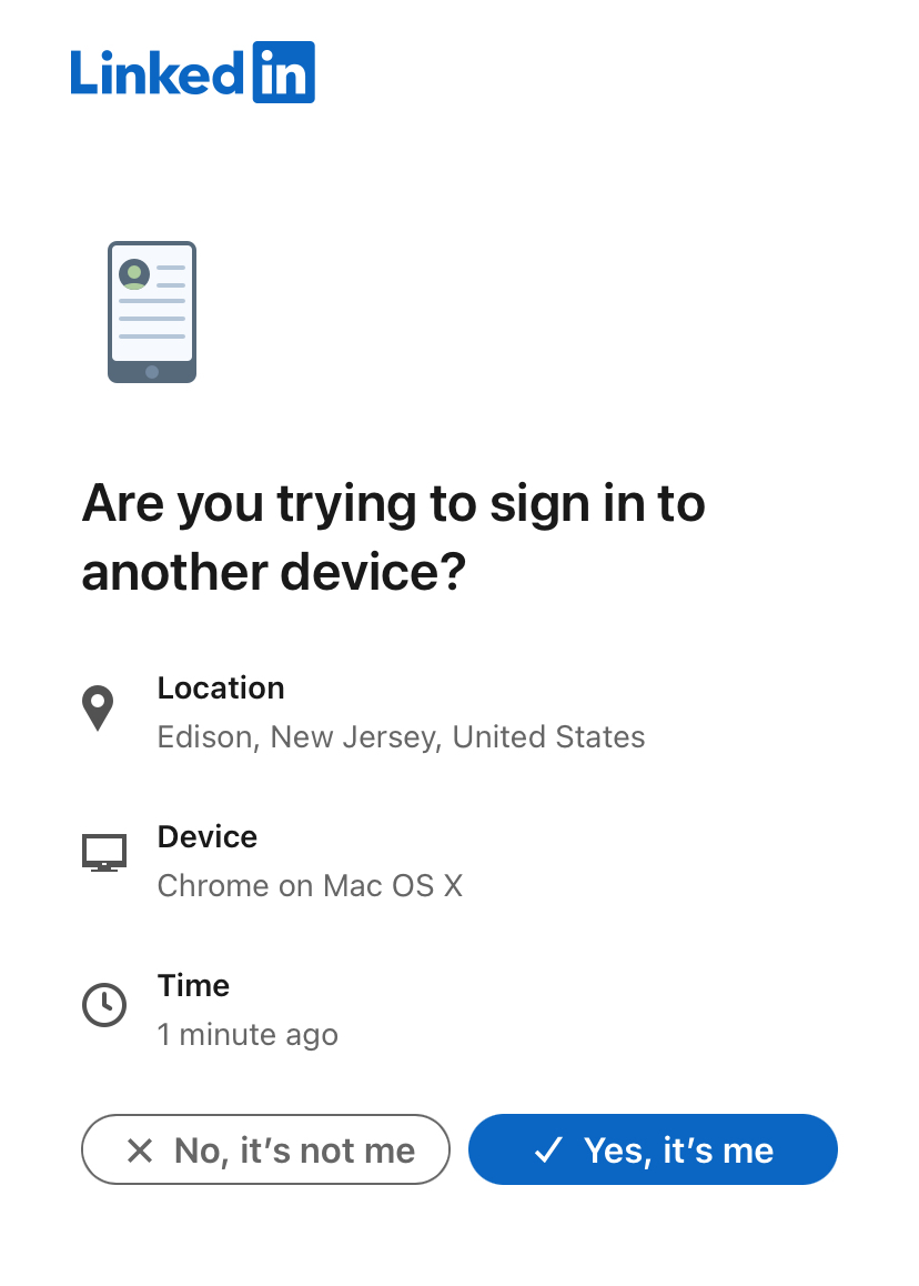 a screenshot of a LinkedIn sign-in request, asking if it's "yes, it's me"  or "no, it's not me"