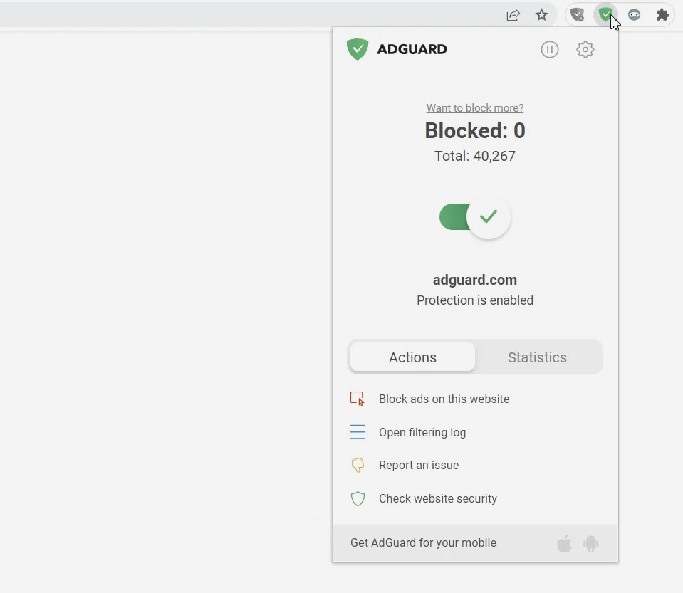 a screenshot showing AdBlock browser extension in a web browser, active, and blocking ads on a search page.