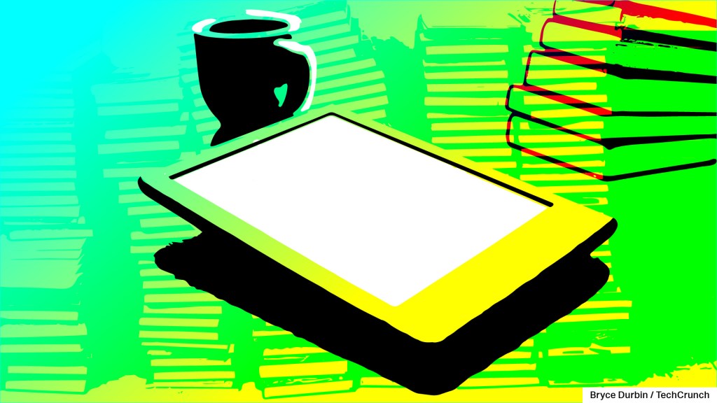an illustration of an ebook reader with a cup of coffee and a pile of books in the background on a green and blue blended background