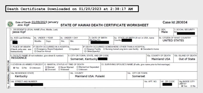 A photo of the fake death certificate filed by Jesse Kipf using a doctor’s stolen credentials.