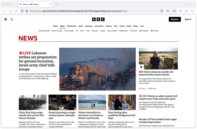 a screenshot of the BBC News website loading in the Tor Browser from its .onion domain, which is accessible only using Tor