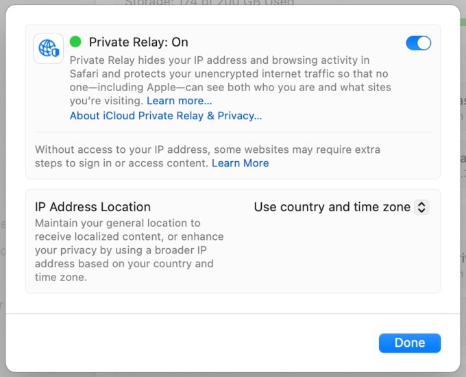 a screenshot showing the settings menu for iCloud Private Relay, which reads in part: "Private Relay hides your IP address and browsing activity in Safari and protects your unencrypted internet traffic so that no one-including Apple-can see both who you are and what sites you're visiting."