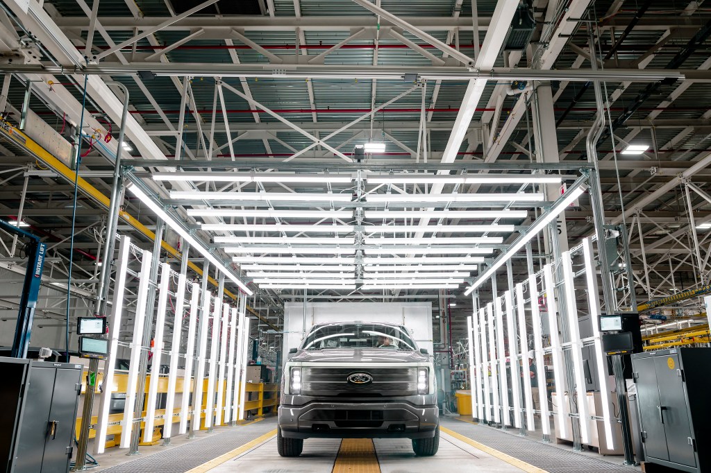 The manufacturing technology in the Rouge Electric Vehicle Center is just as innovative as the F-150 Lightning. It is the first Ford plant without traditional in-floor conveyor lines and instead uses robotic Autonomous Guided Vehicles to move F-150 Lightning trucks from workstation to station in the plant.