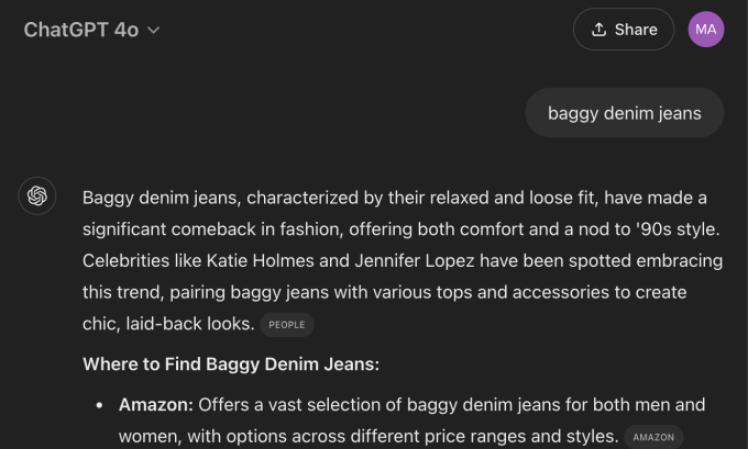 ChatGPT Search for "baggy denim jeans".