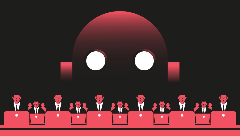 Employees at the computers and giant robot illustration