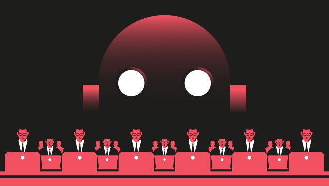 Employees at the computers and giant robot illustration