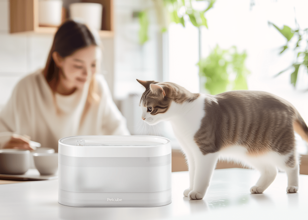 A cat using a Petcube drinking bowl