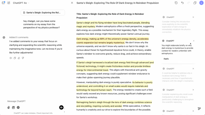 A demo of Canvas in ChatGPT. A user is collaborating with ChatGPT like a Google Doc, with comments from AI on how to improve upon the written text.
