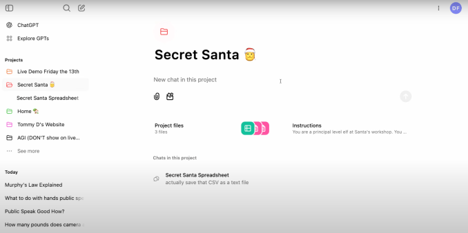 Example of OpenAI's Projects feature planning a Secret Santa