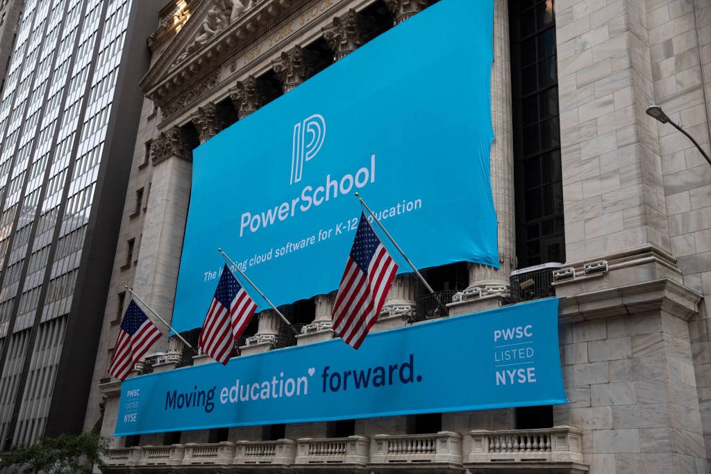 PowerSchool signage during the company's initial public offering in front of the New York Stock Exchange (NYSE) in New York, U.S., on Wednesday, July 28, 2021.