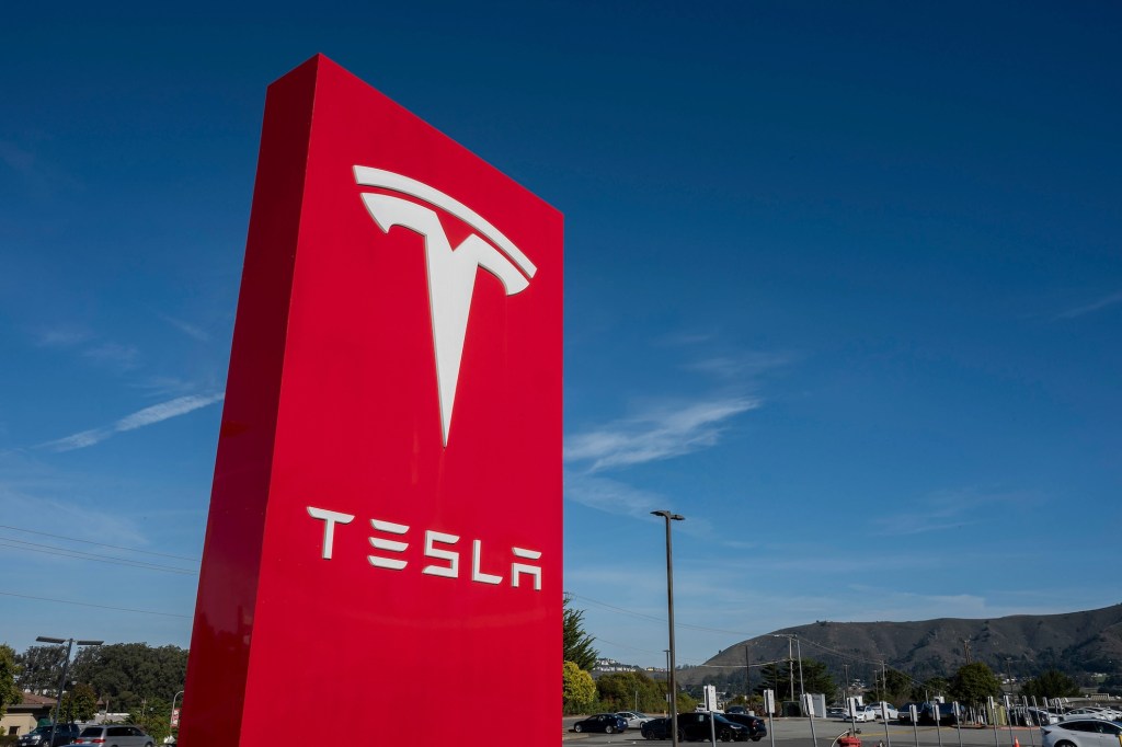 Signage at a Tesla store in Colma, California