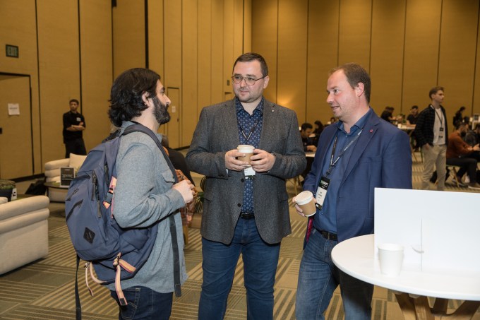 A group of founders networking in the Investor Lounge called the Deal Flow Cafe at TechCrunch Disrupt 2024. Moscone West, San Francisco, California.