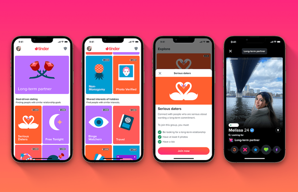 Tinder app on four smartphone screens
