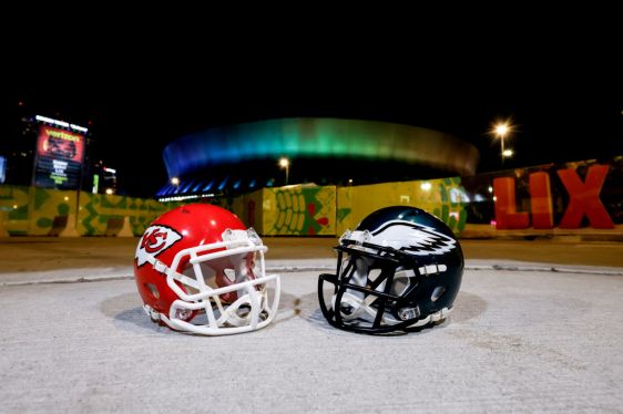 The helmets of the Kansas City Chiefs and the Philadelphia Eagles in front of the Caesars Superdome prior to Super Bowl LIX