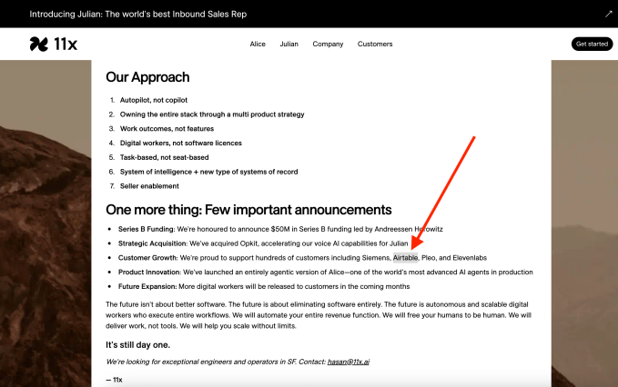 11x claims Airtable as a customer 