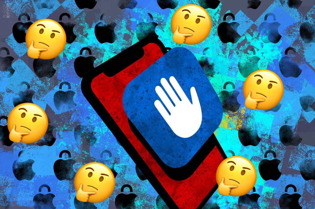 An illustration of a blue Lockdown Mode icon on a red phone on a blue background featuring Apple logos with padlocks, and thinking emojis.