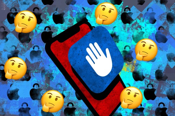 An illustration of a blue Lockdown Mode icon on a red phone on a blue background featuring Apple logos with padlocks, and thinking emojis.
