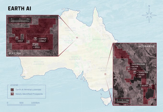 A map shows where Earth AI's discoveries are located in Australia.