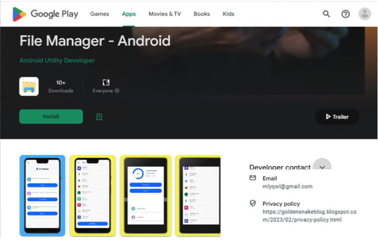 a screenshot showing the File Manager app (which is North Korean spyware) in the Google Play store.