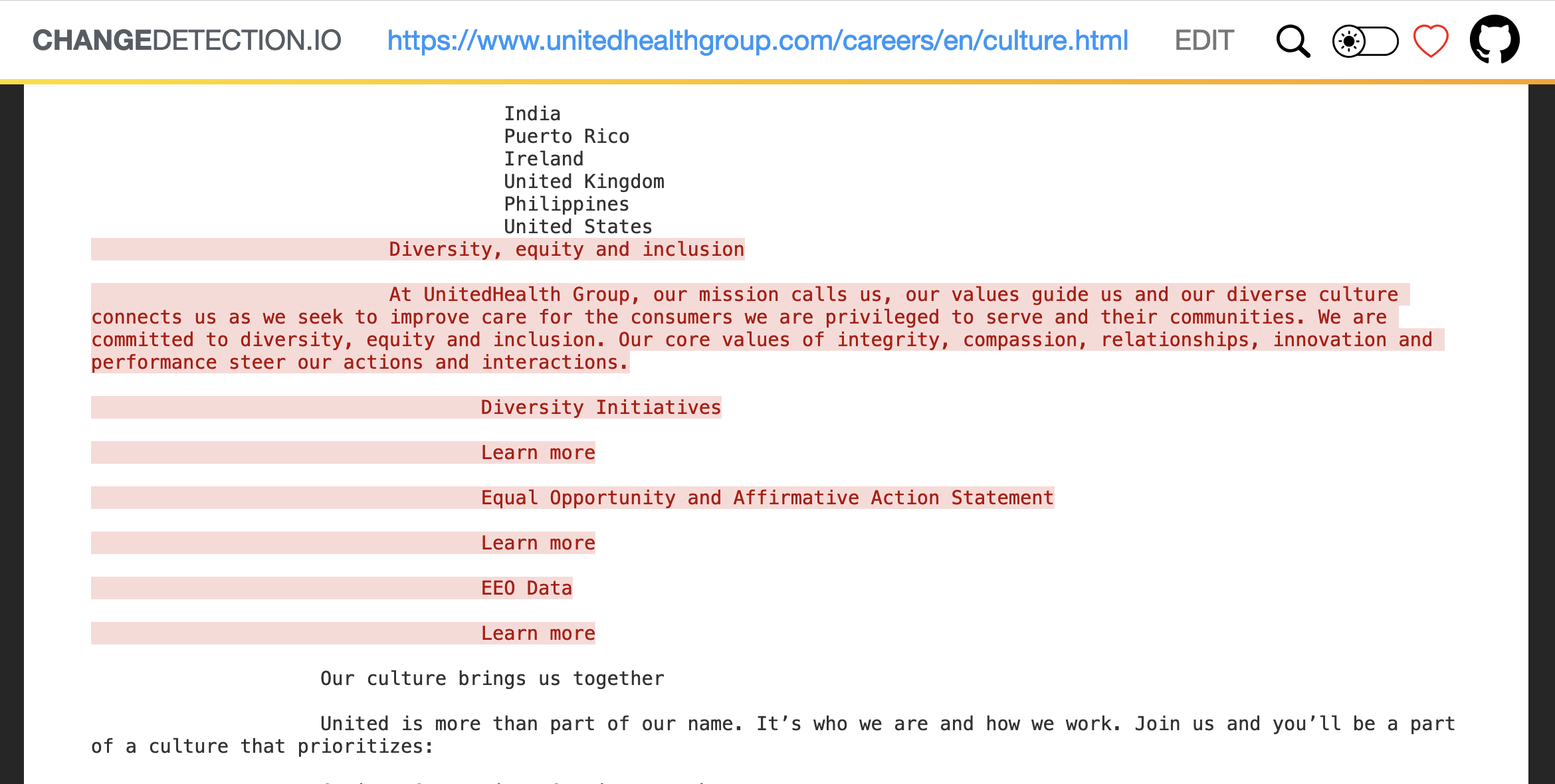 a page monitor on UnitedHealth's website, which reveals text highlighted in red that's been removed, which reads: "Diversity, equity and inclusion... At UnitedHealth Group, our mission calls us, our values guide us and our diverse culture connects us as we seek to improve care for the consumers we are privileged to serve and their communities. We are committed to diversity, equity and inclusion. Our core values of integrity, compassion, relationships, innovation and performance steer our actions and interactions."