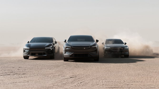Polestar 2, Polestar 3, and Polestar 4 driving toward camera