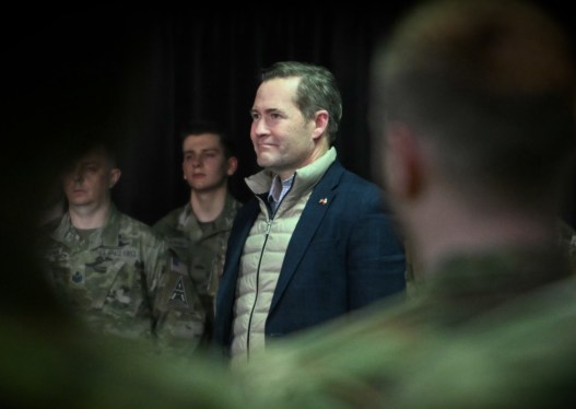 US National Security Advisor Mike Waltz listens at the US military's Pituffik Space Base on March 28, 2025 in Pituffik, Greenland.
