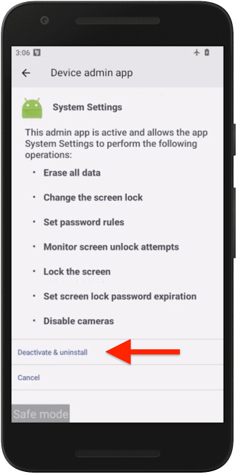 An Android screenshot showing a spyware called 'System Settings' as an installed device admin app, with a red arrow pointing to the "deactivate and uninstall" button.