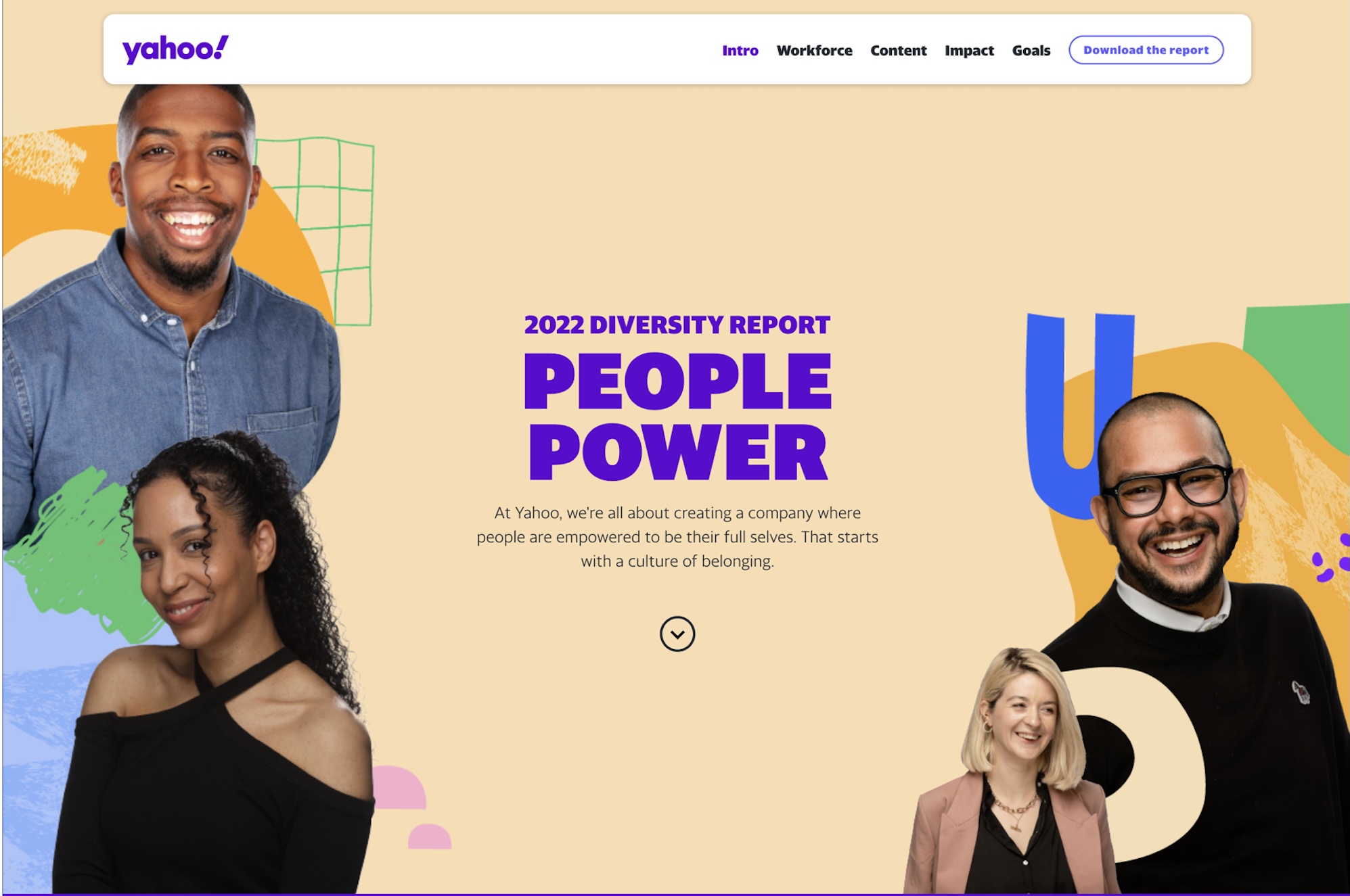 a screenshot from a Yahoo webpage containing its 2022 diversity report, as hosted by the Wayback Machine.
