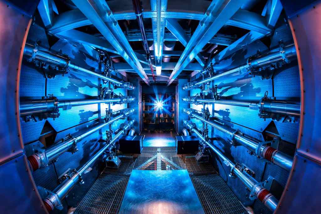 A light shines on laser preamplifiers at the National Ignition Facility.