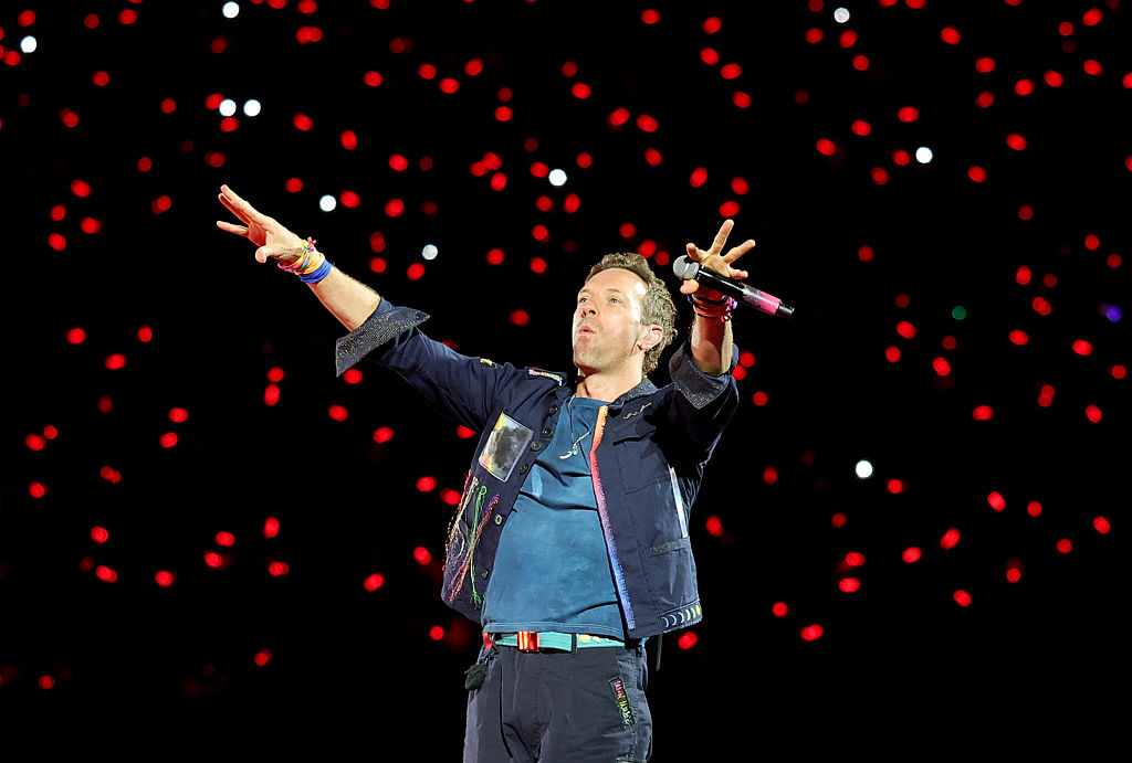 Chris Martin of Coldplay performs on a stop of the band's Music of the Spheres world tour at Allegiant Stadium in Las Vegas.