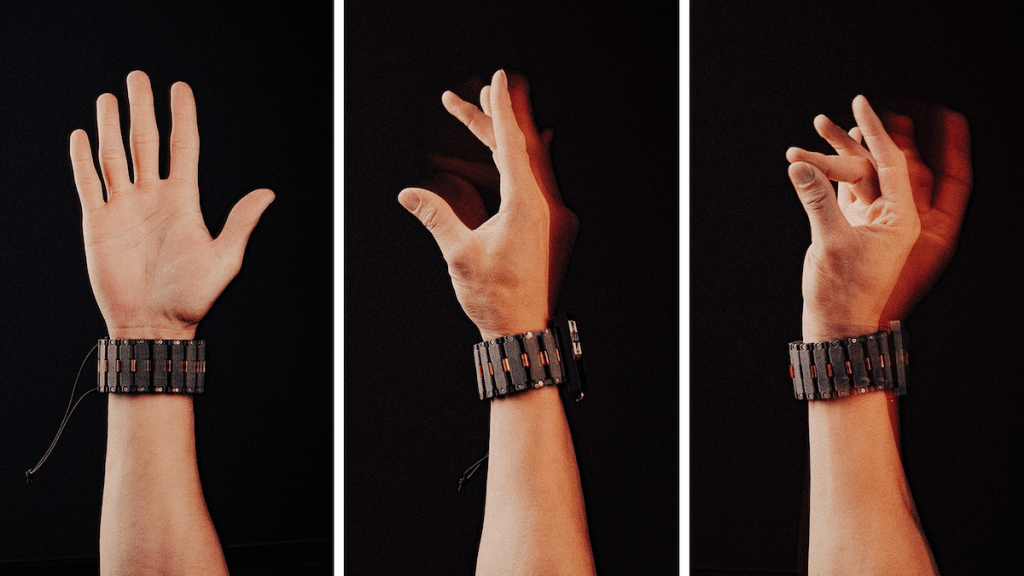 3 views of Meta wristband on person's arm