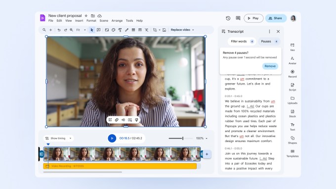 A screenshot of Google Vids video editor showing a feature that lets you remove filler words like "um" and "ah" easily from a video clip.